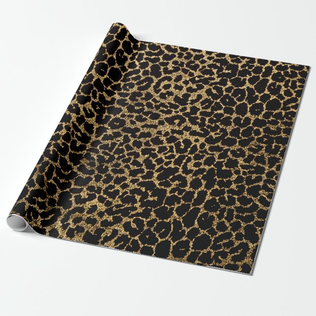 Black fabric with metallic golden leopard fur prin wrapping paper (Unrolled)