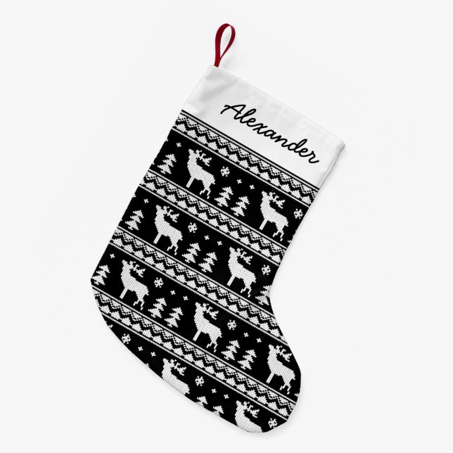 Black Fair Isle Christmas Sweater Pattern Small Christmas Stocking (Front (Hanging))