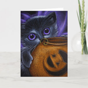 BLACK FAIRY KITTEN CAT HALLOWEEN PUMPKIN BASKET CARD