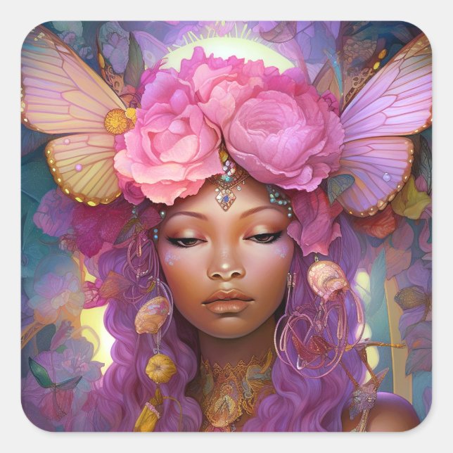 Black Fairy Queen Pink Purple Fantasy Art Square Sticker (Front)