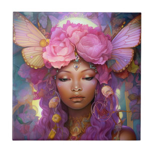 Black Fairy Queen Pink Purple Fantasy Art Tile