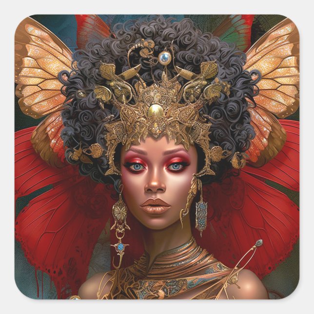 Black Fairy Queen Red Gold Fairy Fantasy Art Square Sticker (Front)