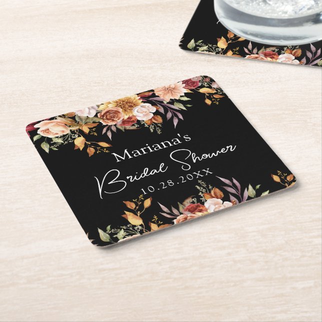 Black Fall Floral Bridal Shower Square Paper Coaster (Angled)