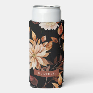 Black Fall Floral Slim Seltzer Can Cooler