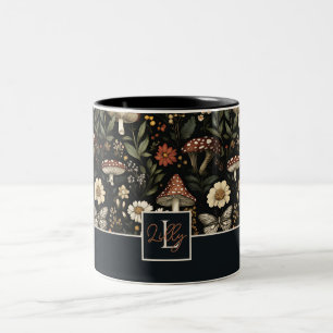 Black Fall Mushrooms and Flowers pattern Two-Tone Coffee Mug