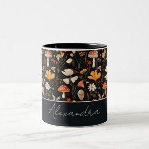 Black Fall Mushrooms and Flowers pattern Two-Tone Coffee Mug
