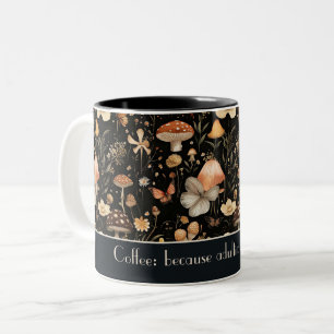 Black Fall Mushrooms and Flowers pattern Two-Tone Coffee Mug