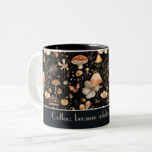 Black Fall Mushrooms and Flowers pattern Two-Tone Coffee Mug (Front Left)