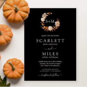 Black Fall Terracotta Monogram Wreath Wedding Invitation