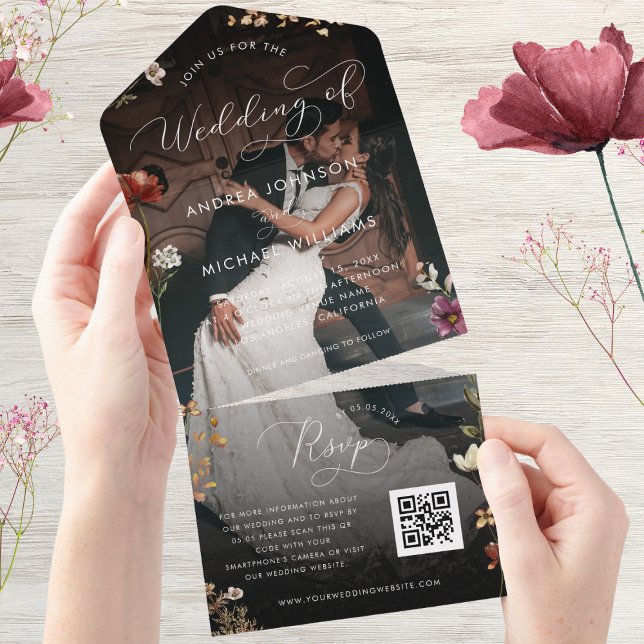 Black Fall Wildflowers QR Code Photo Dark Wedding All In One Invitation (Creator Uploaded)