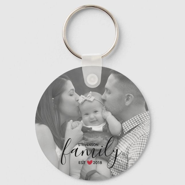 Black Family Est. Year with Red Heart Family Photo Keychain (Front)