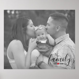 Black Family Est. Year with Red Heart Family Photo Poster