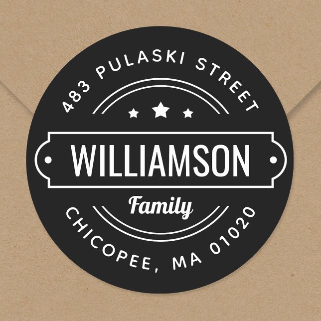 Black Family Name Badge Round Return Address Label (Creator Uploaded)
