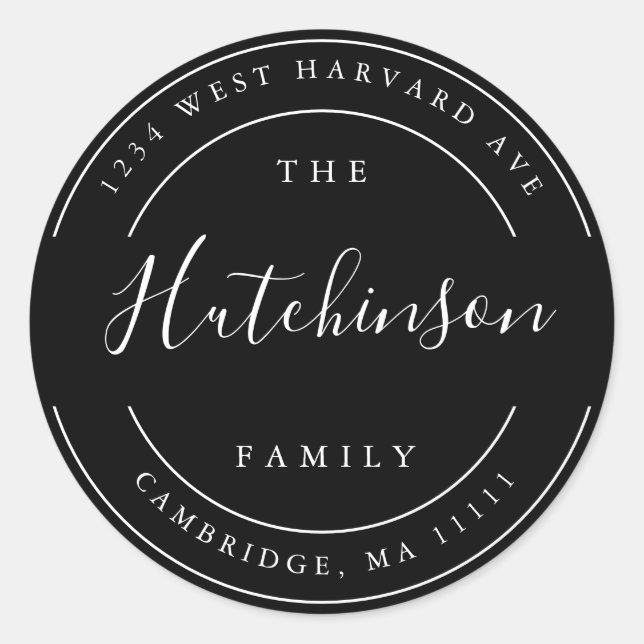 Black Family Name Chic Round Return Address Label (Front)