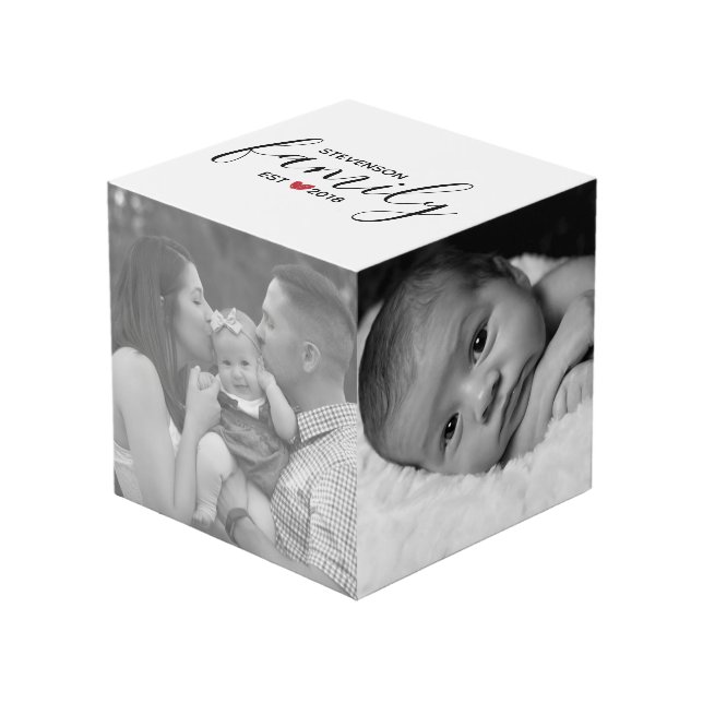 Black Family Name Est. Year Red Heart Family Photo Cube (Front Angled)