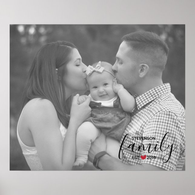 Black Family Name Est. Year Red Heart Family Photo Poster (Front)