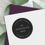 Black Family Name Return Address Classic Round Sticker<br><div class="desc">Black Family Name Return Address Classic Round Sticker features your family last name and address in white against a black colour. Check out the matching wedding items https://www.zazzle.com/collections/119930609931325936 Personalize it by replacing the placeholder text. For more options such as to change the font, it's size and spacing between letters click...</div>