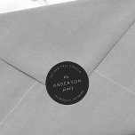 Black Family Name Return Address Modern Classic Round Sticker<br><div class="desc">Black Family Name Return Address Classic Round Sticker features your family last name and address in white against a black colour. Check out the matching wedding items https://www.zazzle.com/collections/119930609931325936 Personalize it by replacing the placeholder text. For more options such as to change the font, it's size and spacing between letters click...</div>