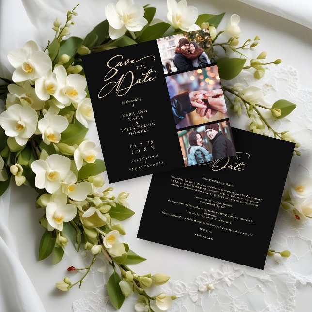 Black Fancy Collage 3 Photos Couple Wedding Save The Date (Black Fancy Collage 3 Photos Couple Wedding Engaged Save the Date. )