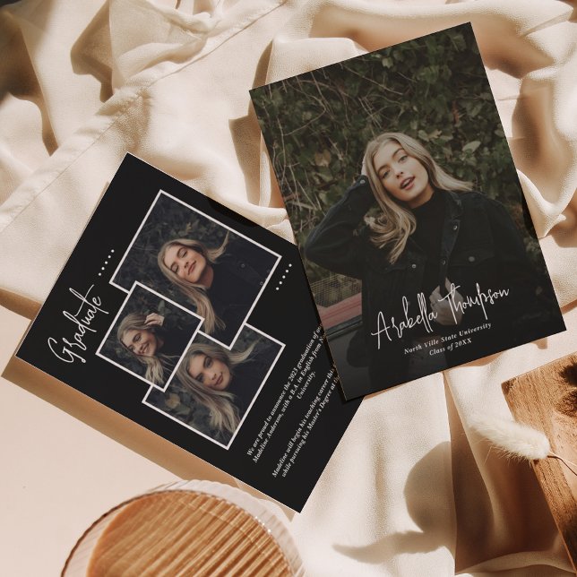 Black Fancy Script Photo Collage Graduation Announcement (Creator Uploaded)