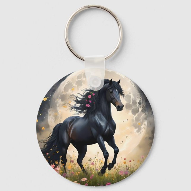 Black Fantasy Horse In Front Of The Moon, Keychain (Front)