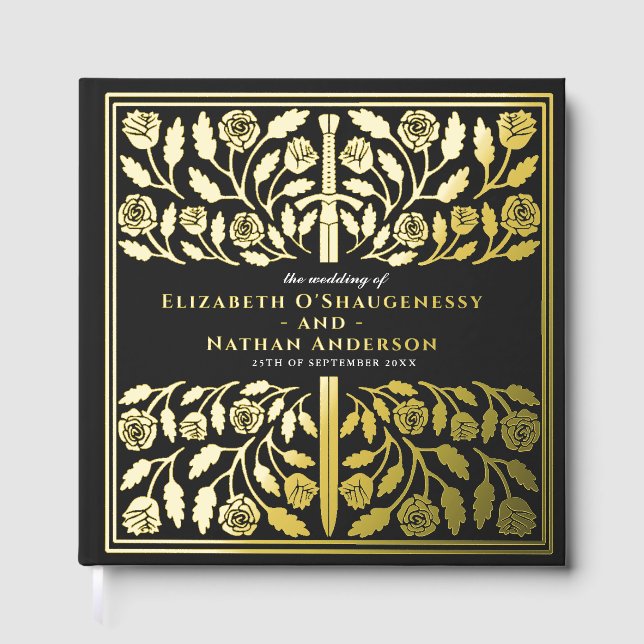 Black Fantasy Royal Medieval Sword Wedding Guest Book (Front)