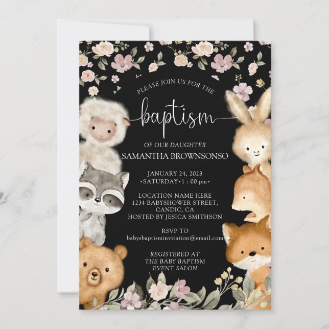 Black Farm Bear Fox Rabbit Raccoon Baptism Invitation (Front)