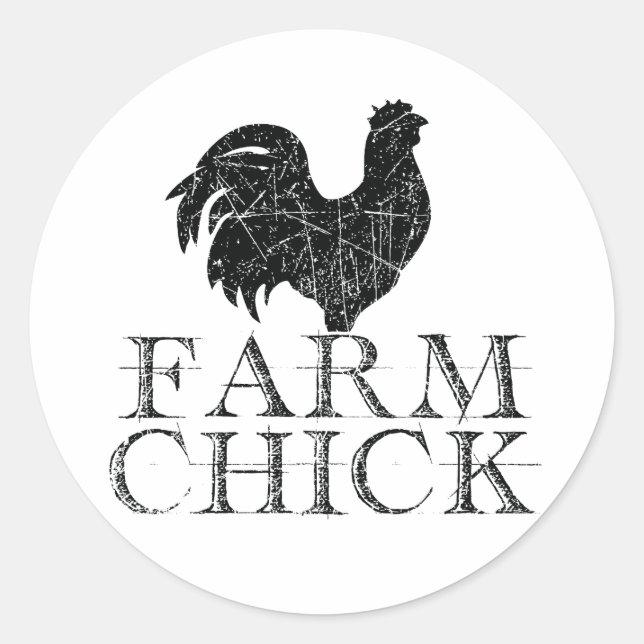 Black Farm Chick with Rooster Classic Round Sticker (Front)
