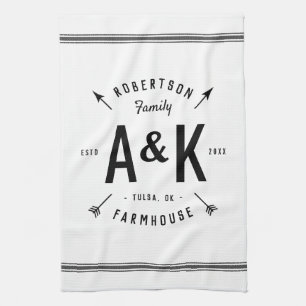 Black Farmhouse Arrow Monogram   Editable Colours Kitchen Towel