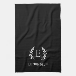 Black Farmhouse Branch Monogram   Editable Colours Kitchen Towel