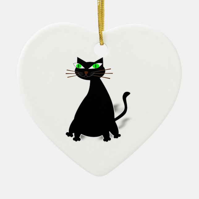 Black Fat Cat With Green Eyes Ceramic Ornament (Front)