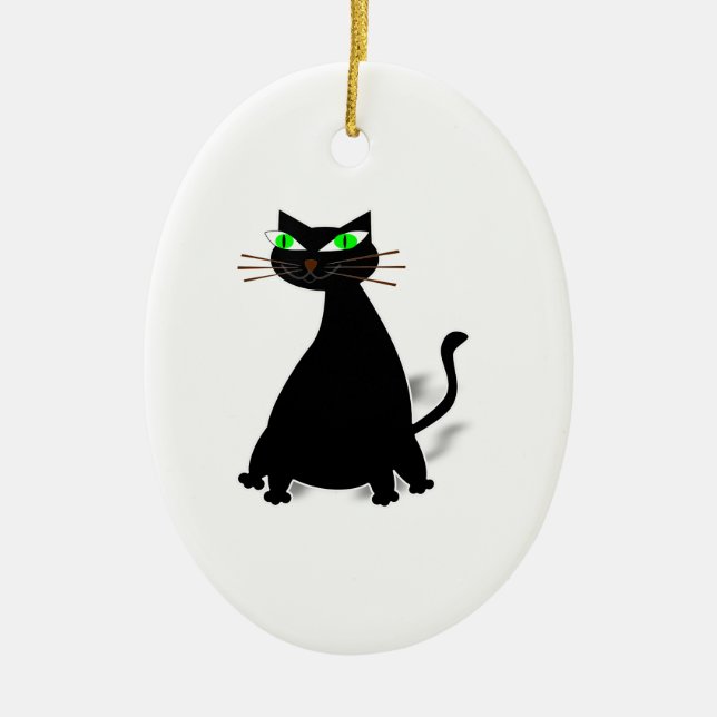 Black Fat Cat With Green Eyes Ceramic Ornament (Front)