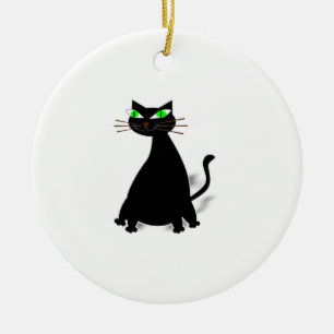 Black Fat Cat With Green Eyes Ceramic Ornament