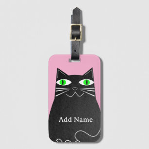 Black Fat Cat With Green Eyes Custom Name Pink Luggage Tag