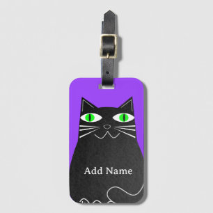Black Fat Cat With Green Eyes Custom Name Purple Luggage Tag
