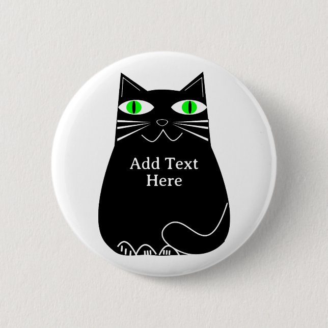 Black Fat Cat With Green Eyes Custom Text 2 Inch Round Button (Front)