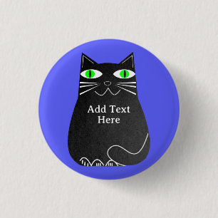 Black Fat Cat With Green Eyes Custom Text Blue 1 Inch Round Button