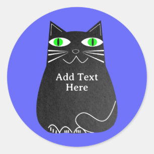 Black Fat Cat With Green Eyes Custom Text Blue Classic Round Sticker