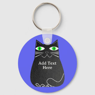 Black Fat Cat With Green Eyes Custom Text Blue Keychain