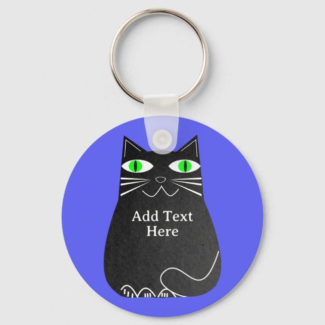 Black Fat Cat With Green Eyes Custom Text Blue Keychain (Front)