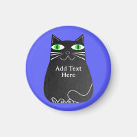 Black Fat Cat With Green Eyes Custom Text Blue