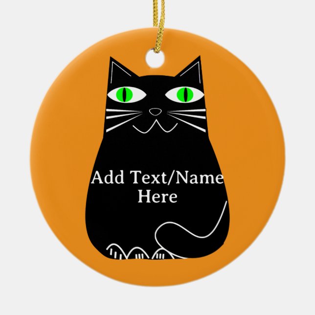 Black Fat Cat With Green Eyes Custom Text Ceramic Ornament (Front)