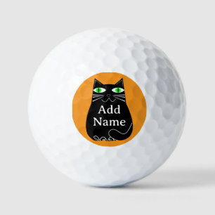 Black Fat Cat With Green Eyes Custom Text Golf Balls
