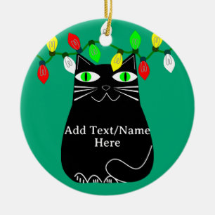 Black Fat Cat With Green Eyes Custom Text Green Ceramic Ornament