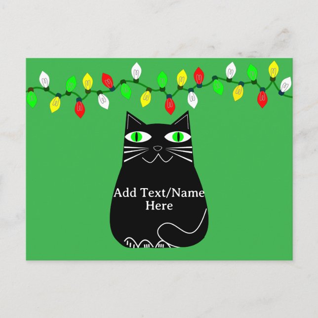 Black Fat Cat With Green Eyes Custom Text Green Postcard (Front)