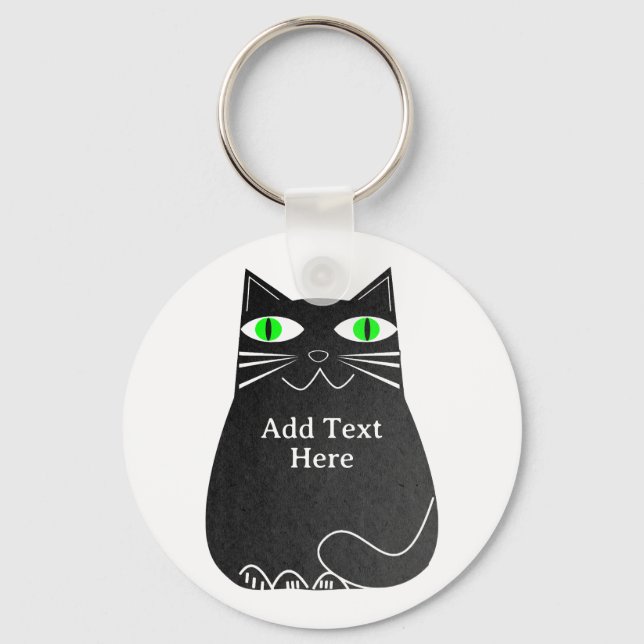 Black Fat Cat With Green Eyes Custom Text Keychain (Front)