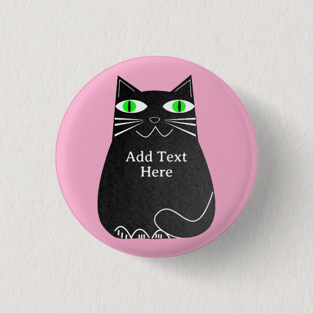 Black Fat Cat With Green Eyes Custom Text Pink 1 Inch Round Button (Front)