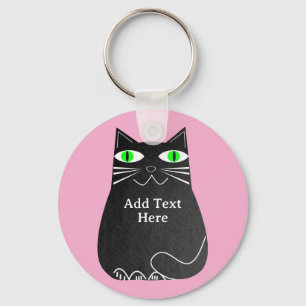 Black Fat Cat With Green Eyes Custom Text Pink Keychain