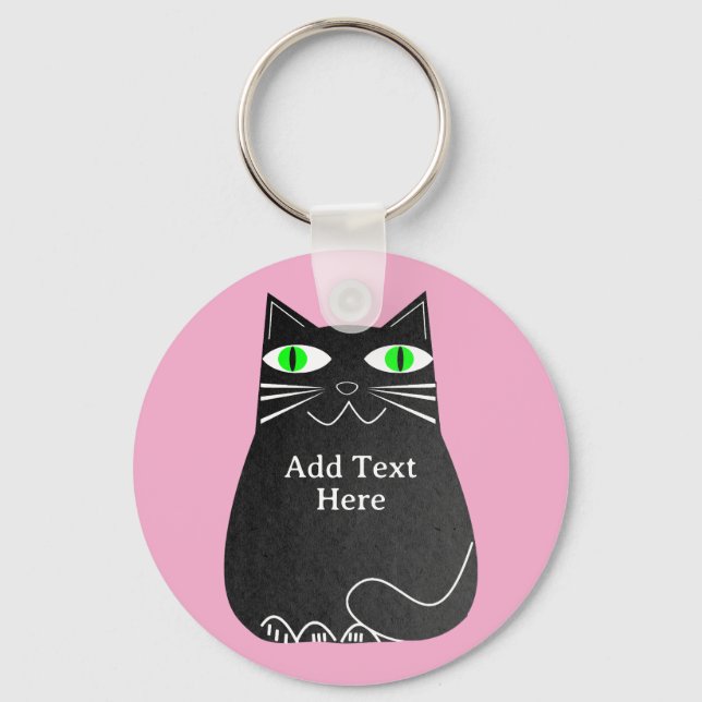 Black Fat Cat With Green Eyes Custom Text Pink Keychain (Front)