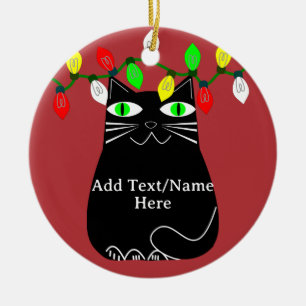 Black Fat Cat With Green Eyes Custom Text Red Ceramic Ornament